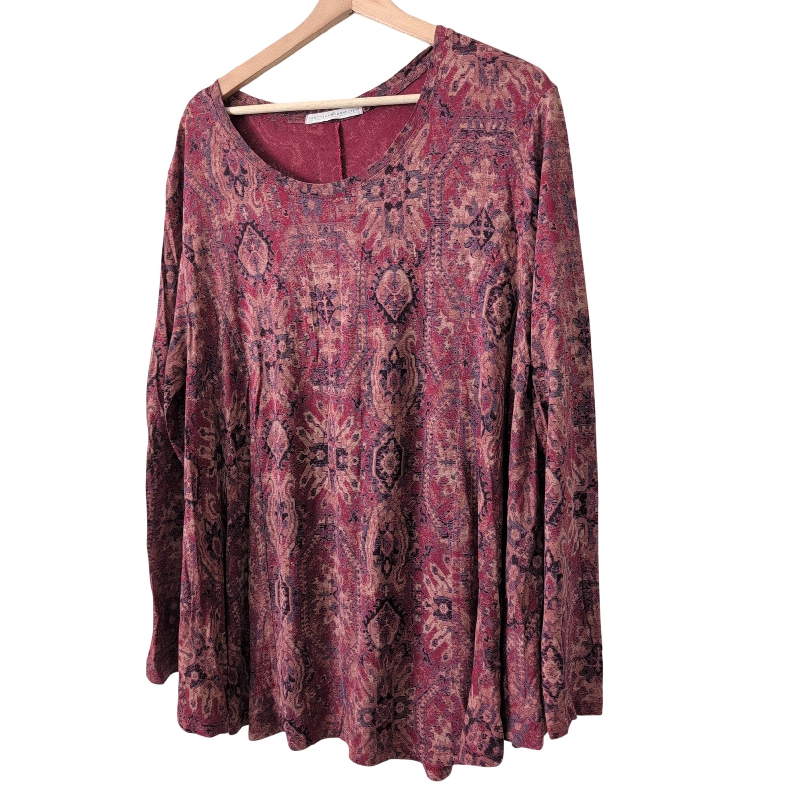 Peruvian Connection Pima Cotton Modal Medallion Print Tunic Top Burgundy Xl Boho